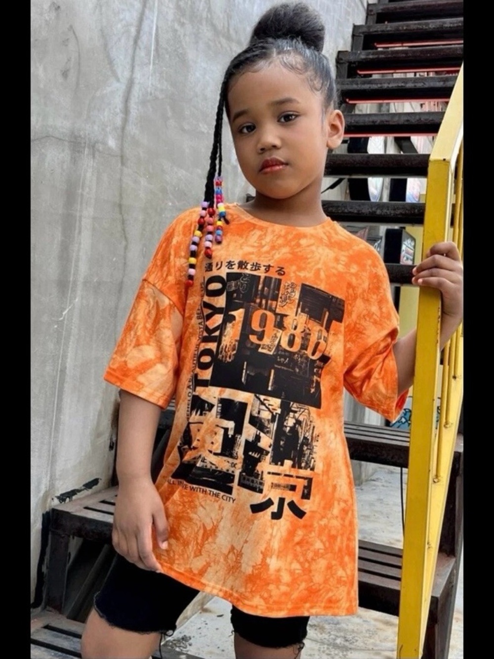 Shein Girls 10Y Tokyo 1986 Graphic Print T-Shirt Orange Tie Dye Short Sleeve